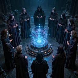 a quantum computer!!!!!, surrounded by a dark cabal of hooded elven mystics with long robes gathered in a circular formation, michael whelan, dan seagrave, boris vallejo, quantum computer, quantum computer