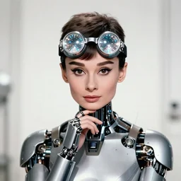centered portrait of soulful young audrey hepburn as a solarpunk mecha humanoid robotic parts wearing crystal goggles with bright led lights, real human face, pudica gesture bouguereau style, in white room, ultra - realistic and intricate, soft portrait shot 8 k