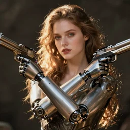 human with guns as prosthetic arms