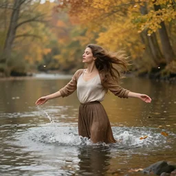 a beautiful woman turning into a peaceful river, it's autumn and a gentle breeze is moving leaves around