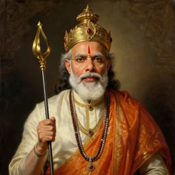 Narendra Modi as lord Vishnu, detailed classical painting by Albert Bierstadt, oil on Canvas, portrait, chiaroscuro, rococo color scheme, 8K, trending on Artstation,