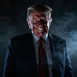 Donald Trump, smiling, unnatural grin, horror, creepy, smoke, black, dark, glow