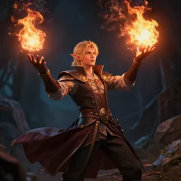 a beautiful elven princes casting a fireball anime style, moody lighting, octane render