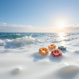 side view extreme close up of a white vitamin d milk ocean sea. there are a few floating fruit loops cereal on top the milk. an ocean of gentle rolling waves made of white milk. nice blue sky morning sun on horizon. digital art, cgsociety award winner, ue 5, 4 k, dramatic lighting, subsurface scatter, hdr.