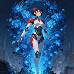 detailed, sharp, dreaming humanoid female automata wearing red chinese ornament surrounded by glowing blue flowers and flora floating above a dystopia by Ilya Kuvshinov and Anna Dittmann and studio ghibli and WLOP and Rossdraws, digital art, surreal, trending on artstation, anime arts, featured on Pixiv, blue lighting, HD, 8K, highly detailed, good lighting, beautiful, epic, masterpiece