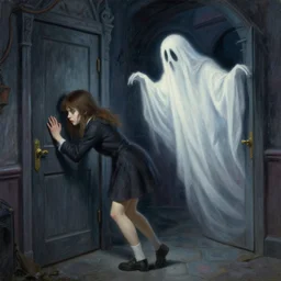 this girl was struggling with the doors in a haunted house so the ghost came to the rescue. painting by henri moret, enjolras delphin