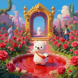 wide angle dynamic portrait of a chibbi dogon priest in a rose garden with a red pond and a golden ornate steampunk portal, amigurumi by mark ryden and todd schorr and mark davis and zdislaw beksinski in a surreal lowbrow style, digital paint, matte paint, vivid synthwave colors, breathtaking landsape