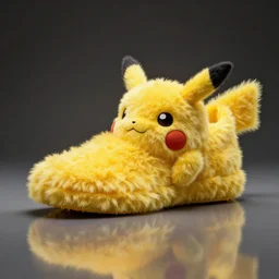 nike pikachu model shoe made of very fluffy yellow faux fur placed on reflective surface, professional advertising, overhead lighting, heavy detail, realistic by nate vanhook, mark miner