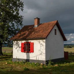small cottage with red shutters, photography, dreamy
