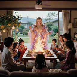 movie still by alejandro jodorowsky of a beautiful day in a japanese family living room in a suburban neighborhood, visible magic energy, dream high fashion costumes, fruit trees, glowing ornaments, magical parade float, cinestill 8 0 0 t eastmancolor technicolor, high quality, very detailed, heavy grain, fine facial features, 8 k, octane render