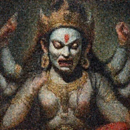 A cinematic closeup portrait of the majestic mystical colossal Indian Hindu Demon goddess of grief and despair, by Rembrandt van Rijn, by Wayne Barlowe, by Paul Lehr, by Bruce Pennington, by Zdzisław Beksiński, oil on canvas, masterpiece, trending on artstation, featured on pixiv, cinematic composition, astrophotography, dramatic pose, beautiful lighting, sharp, details, details, hyper-detailed, no frames, 8K