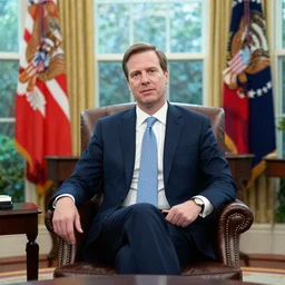 seth rogen as president wearing suit and tie sitting in the oval office
