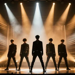 the year 2080 art deco boy band, on stage in silouette, dramatic stage lighting for encore,