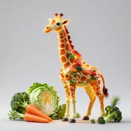 a flaming sculpture of a giraffe created with vegetables, cabbage, carrots, broccoli, tomatoes, leafy greens