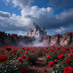 blue sky, beautiful clouds, the roseblue sky, beautiful clouds, the rose garden is full of red roses, rose castle, deep wall, storm art trend, magic light fog cg special effect rendering, hd, garden is full of red roses, rose castle, deep wall, storm art trend, magic light fog cg special effect rendering, hd,