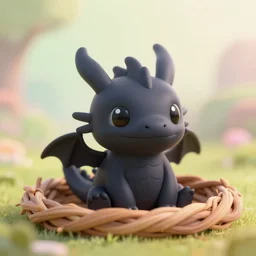 a portrait of a cute happy tiny black chibi dragon in a nest, black eyes, artstation, depth of field, beautiful lighting, pastel colors, bokeh