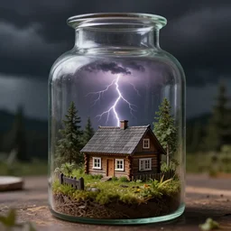 a thunderstorm over a wooden cottage inside a terrarium bottle.