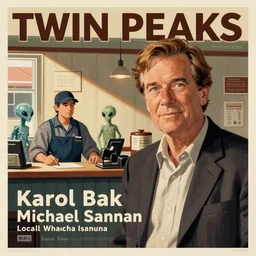 poster artwork by Michael Whelan and Tomer Hanuka, Karol Bak of portrait of Michael Shannon!!!! the local mechanic clerk at the auto store, discovering aliens, from Twin Peaks, clean, simple illustration, nostalgic, domestic, full of details