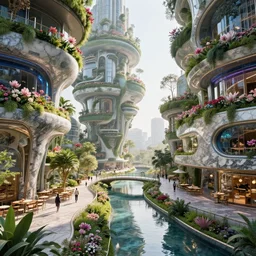 biophilic futuristic scifi suspended city gardens architectural landscape, fluidity, colorful flowers, porcelain, beautiful morning light, canal bridge paths pedestrian cafes, interior cinematic composition, granite marble, nebula magnolia, water, metallic, grass, trees, modular buildings, vincent callebaut composition, 8 k, unreal engine, hdr