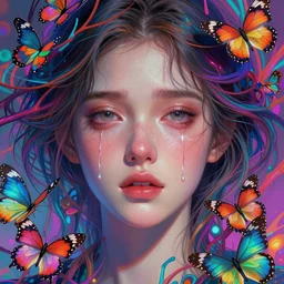 beautiful, young woman, detailed gorgeous face, sad eyes, crying, vaporwave aesthetic, synthwave, colorful, psychedelic, branches, digital art, butterflies, birds, digital painting, artstation, concept art, smooth, extremely sharp detail, finely tuned detail, ultra high definition, ultra sharp focus, illustration, art by artgerm and greg rutkowski and alphonse mucha
