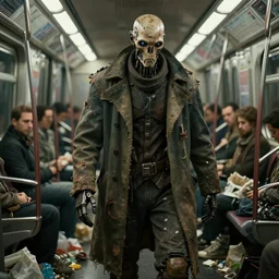 detail image of homeless android in torn coat in subway car full of garbage, dramatic lighting, highres textures, volumetric lighting, subsurface scattering, octane render, unreal engine 5, scifi movie from weta digital, ilm, digital domain, style of brian froud, raytracing
