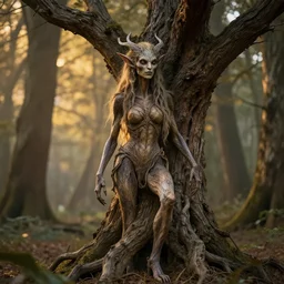 evil dryad tree creature, in a forest, golden hour, professional photography, mild depth of field, cinematic lighting, 8 k