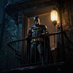 batman, night, on a balcony, retro sodium vapor lighting, rainy, moody, cinematic, shot on film, highly detailed, hdr