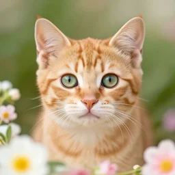 cute ginger kitten, big green eyes, flowers,