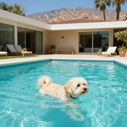 a cream colored havanese dog swimming in a swimming pool at a mid century modern house in palm springs by david hockney