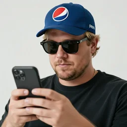 Portrait of a blond man with a broad face in his mid 40's looking at his Iphone. He is unshaven, wears expensive sunglasses and a Pepsi cap. SLR photo