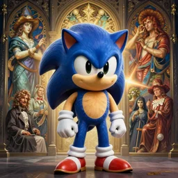 realistic detailed portrait of classic Sonic the Hedgehog by Mark Brooks, Amano, Alphonse Mucha, Beeple, greg rutkowski, wlop, Shpongle, Alex Grey, Jeffery Smith, Pagan, Neo-Gothic, gothic, Sonic
