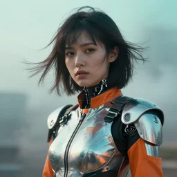 ( ( symmetry ) ) closeup portrait of a chrome mech cyborg girl, fashion racer jumpsuit with shoulder pads, cinematic light, windy, teal orange, ( volumetric smoke ), mist, by gerald brom, by mikhail vrubel, by peter elson, muted colors, extreme detail, trending on artstation, 8 k