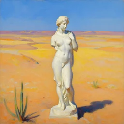 a vast desert valley in the style of david hockney with a marble statue of an ideal human in the middle of the foreground, oil painting, raytracing, 8 k, octane render, volumetric, vivid, beautiful, hyperrealism