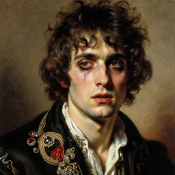 a handsome but sinister and creepy young man in layers of fear, with haunted eyes and curly hair, 1 9 7 0 s, seventies, delicate embellishments, a little blood, crimson, painterly, offset printing technique, by alexandre cabanel