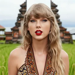 taylor swift wearing batik bali in bali. temple lake rice field ocean. front view. instagram closeup holiday photo shoot, perfect faces, beautiful
