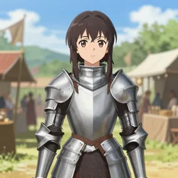 anime portrait of a young woman knight in armor in a outdoor medieval market, from a distance, ilya kuvshinov, kyoani, artgerm, krenz cushart, erik jones, wlop, hiroaki samura, yoshinari yoh, james jean, katsuhiro otomo, cel shaded, anime poster