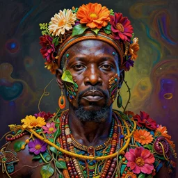 colourful vfx art - portrait of nigerian tribal chief wrapped in flowers & vines, art by zdzisaw beksinski & james jean, volumetric light, ray tracing, sharp, detailed, digital painting, illustration, highly detailed, intricate detail, unreal engine, octane render, global light, pinterest, behance, art station,