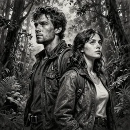 painting of the figure of a man and a woman in an adventurous scenery, high contrast, concept art, forest, dramatic lighting, digital art, 8 k, extremely detailed, drawn by ruan jia
