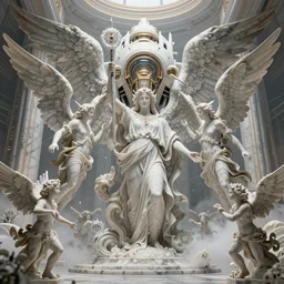 God's Angels and Cherubs in a war against a collosal futuristic machine, marble,  realistic 4k octane beautifully detailed render, 4k post-processing, highly detailed, intricate complexity, epic composition, magical atmosphere, cinematic lighting, masterpiece, ultra hd
