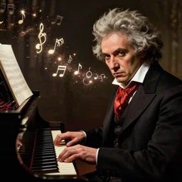 beethoven at his piano, musical notes fly, magical sparks, dramatic lighting, highly detailed, digital art, intricate, dramatic lighting, cinematic, art by norman rockwell, greg rutkowski, james gurney