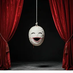 puppet on string behind red curtains, an album cover, very dark ambiance, sewn mouth, hyperrealism, no watermark, no white space