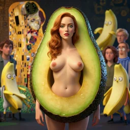 anthropomorphic portrait of emma stone as an avocado, au naturel, hyper detailed, digital art, trending in artstation, cinematic lighting, studio quality, smooth render, unreal engine 5 rendered, octane rendered, art style by klimt and nixeu and ian sprigger and wlop and krenz cushart and pixar and riot and and bananaman is a character from adventure time, bananas in pijamas