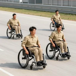 men in khaki on wheelchairs with turbo engines compete on a race track
