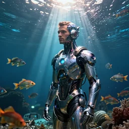 a high tech man from guatemala in undersea atlantis, fish school, specular lighting, volumetric light, sharp focus