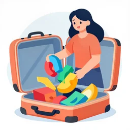 a flat vector stock art image of a woman with long hair stuffing colorful 2 d shapes into an open suitcase, the suitcase contains many shapes already, bright colors