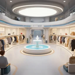 inside a spaceship, a central plaza with a fountain and with a clothing store at the side, inside a large spaceship, from a space themed Sierra point and click 2D graphic adventure game, made in 2019, high quality graphics