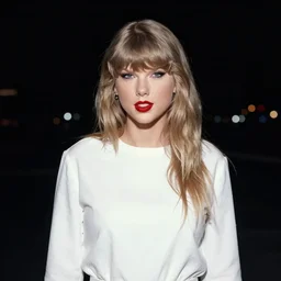 photo, taylor swift, handlebar, saudi arabia, white clothing, ektachrome, portrait, mid shot, 5 0 mm,