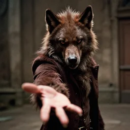 film still of a funny looking werewolf extending out his hand in an american werewolf in london