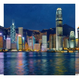 hong kong skyscrapers and mountains at night, water reflection, painting by vincent van gogh, post impressionism, high quality
