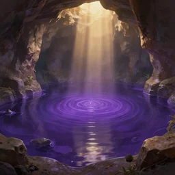 digital painting of a underground lake, purple, style of demons souls, concept art, low angle, high detail, warm lighting, volumetric, godrays, vivid, beautiful, trending on artstation, by Jordan grimmer, no focus, huge scene, clear water